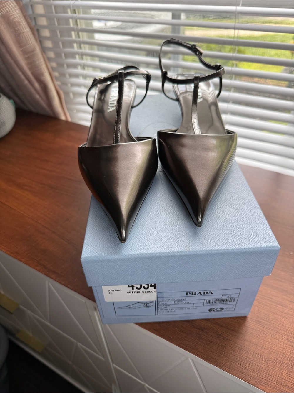Prada Antracite Patent Leather T-Strap Slingback Pumps 37